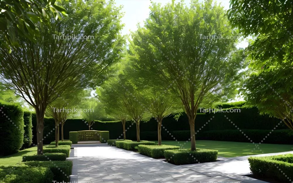 باغ زیبای بهاری و تابستانی با درختانی سرسبز و چشم انداز طبیعی