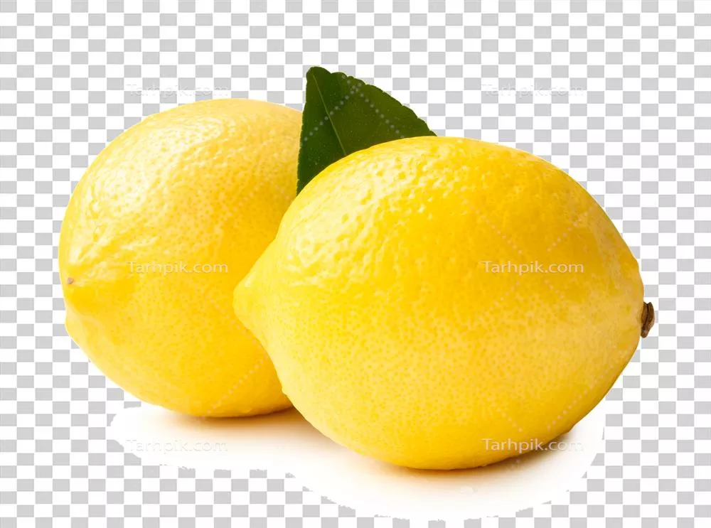 نمای جانبی از میوه لیمو زرد با برگ سبز در فرمت فایل با پسزمینه شفاف و سایه