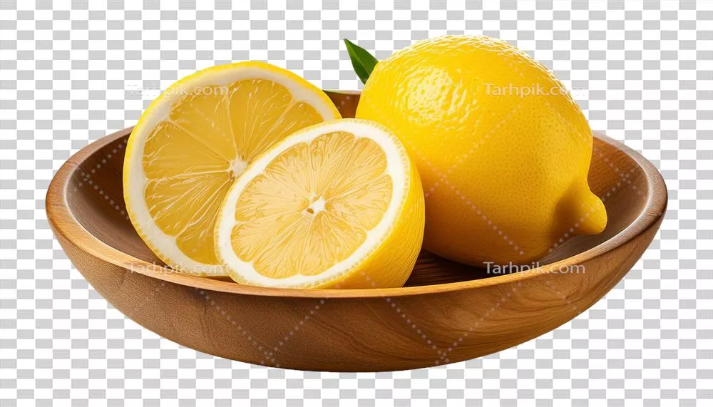 لیموهای تازه زرد روی یک بشقاب چوبی با طراحی طبیعی