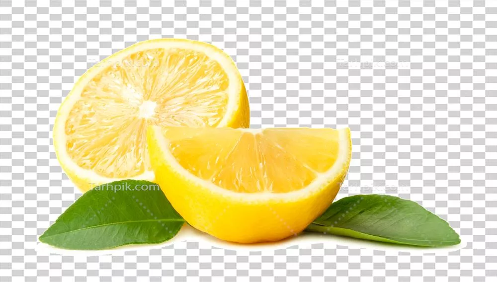 نیمه لیمو زرد تازه با یک چهارم و برگها، ایزوله و با مسیر برش و سایه در فرمت فایل