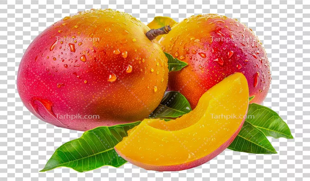 تصویر تازه مانگو با قطرات شبنم و برگ سبز در یک برش زیبا