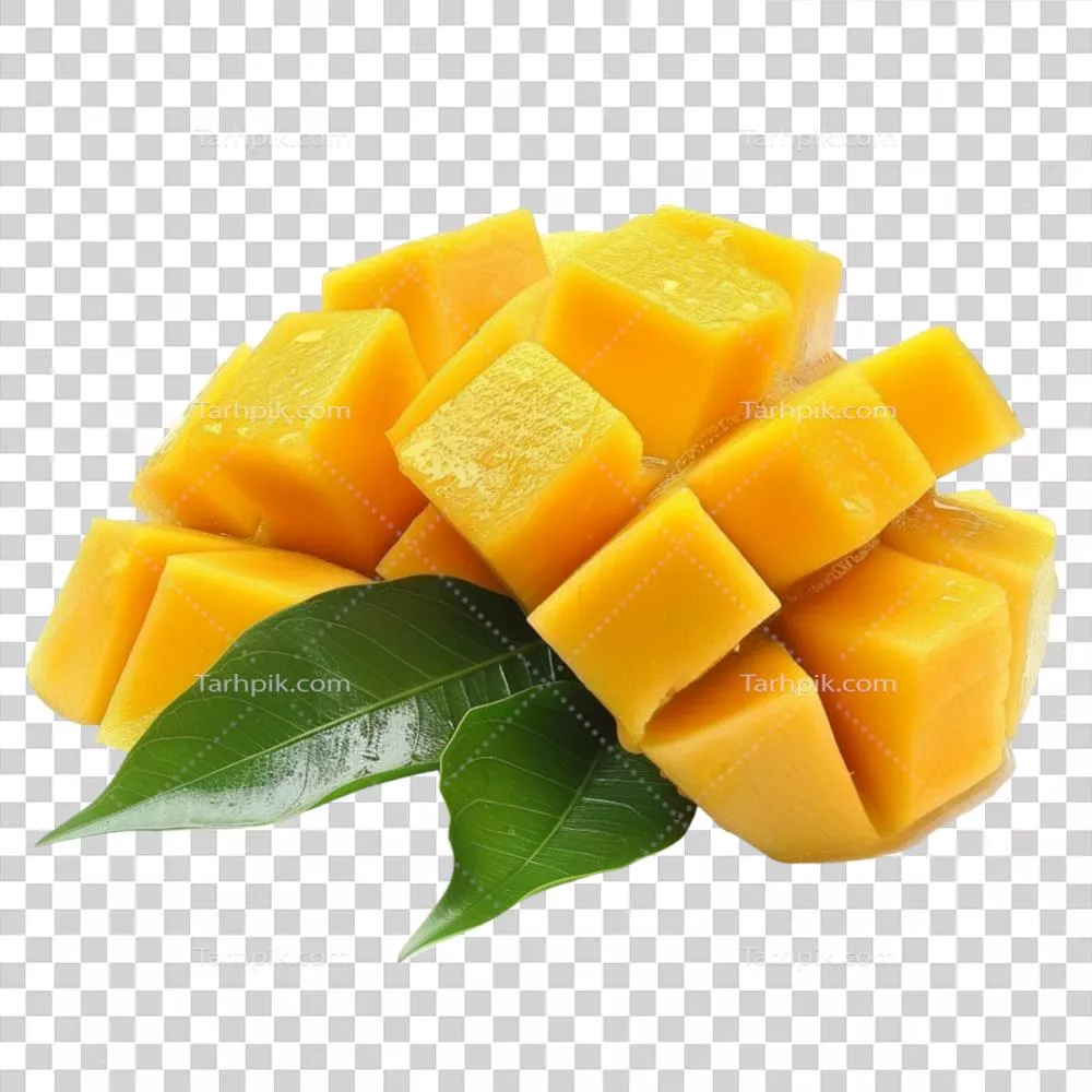 مکعبهای تازه و رسیده انبه با برگهای سبز زیبا و مطبوع