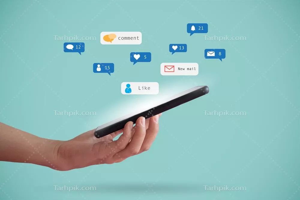 دست در دست گرفتن یک smartphone با آیکون های ارتباطی به زبان فارسی