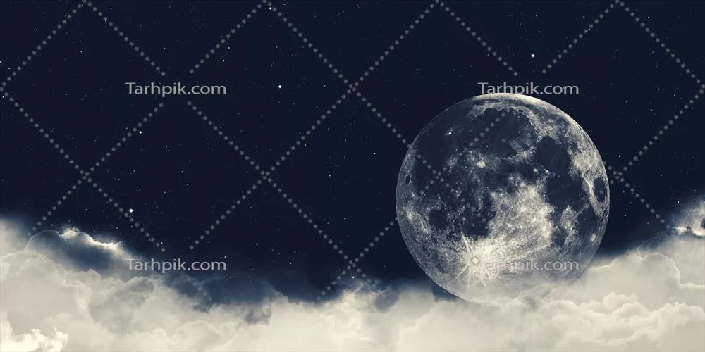 تصویر سه بعدی از ماه کامل در یک شب ابری و رازآلود