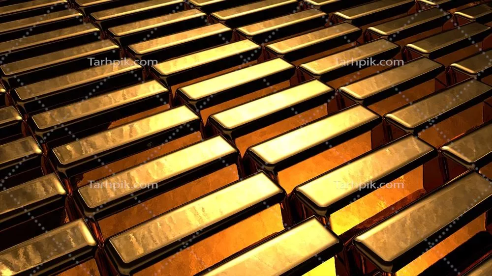 ترتیب گروهی از شمش های طلای درخشان در یک ردیف زیبا