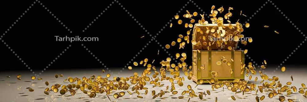 جعبه گنج قدیمی پر از سکه‌های طلایی و سقوط به زمین بر روی پس‌زمینه سیاه
