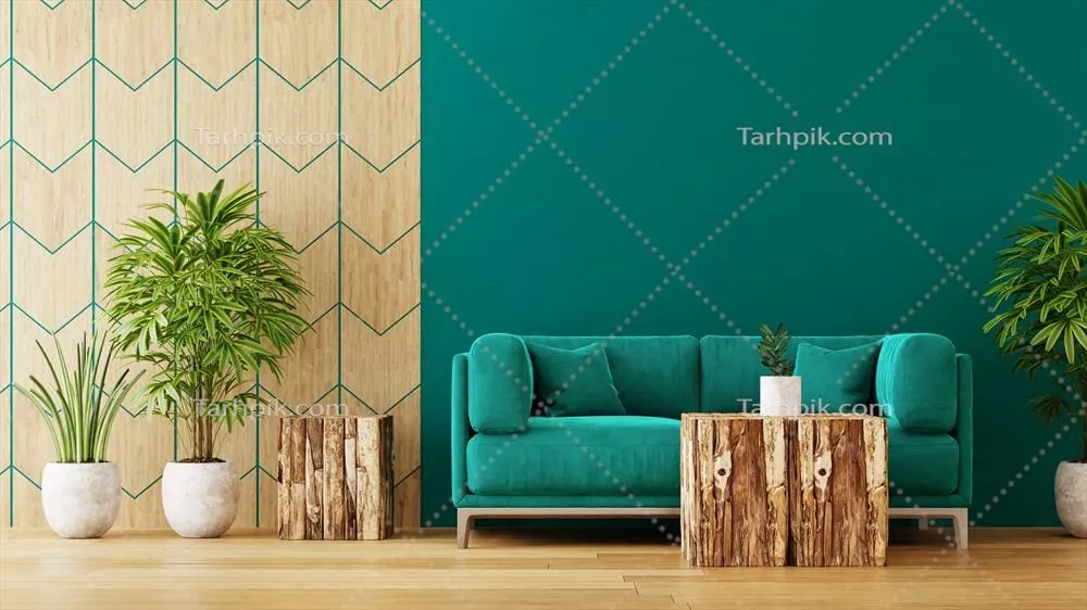 طراحی داخلی اتاق با دیوار سبز و گیاه: رندر سهبعدی مدرن