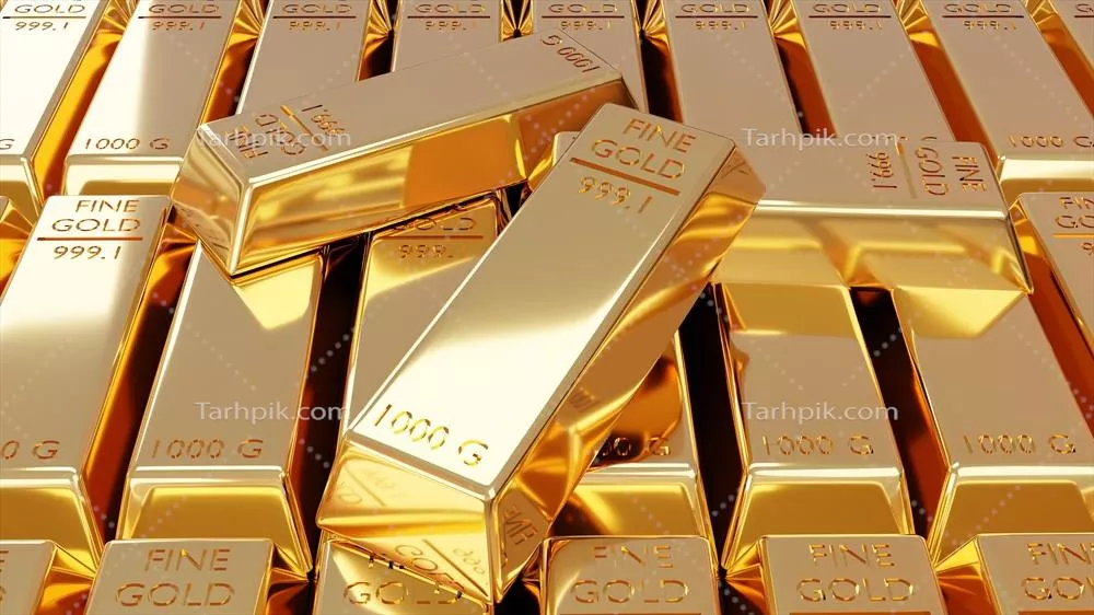 ایدههای سرمایهگذاری در تجارت طلا: نمایش 3D از انبوهی از شمشهای طلای درخشان به عنوان گنجینهای از ثروت و سرمایهگذاریهای آینده
