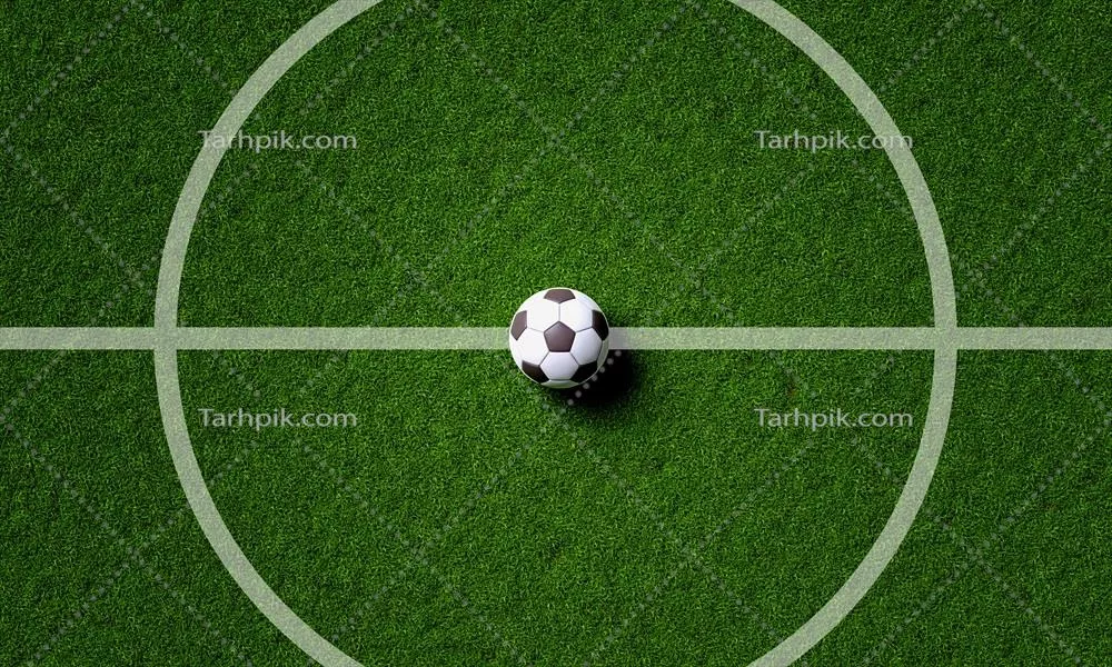 نمای بالای زمین فوتبال و توپ فوتبال در مرکز، مفهوم ورزشی و ورزشی