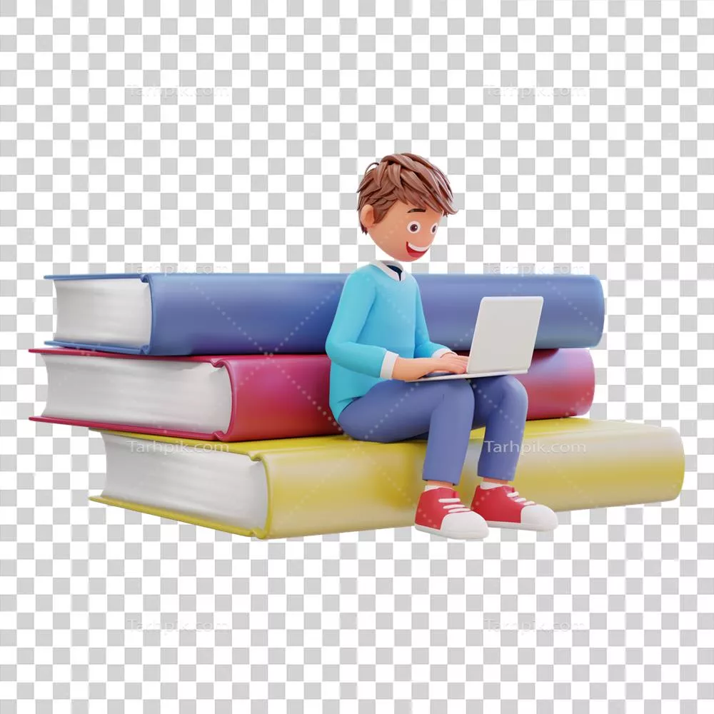 دورههای آنلاین با دانشآموزان نشسته بر روی تودهای از کتابها با لپتاپ و دفترچه
