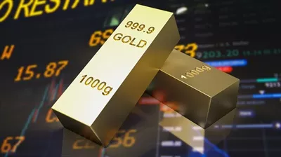 تجسم سهبعدی شمش طلای در پسزمینه کسبوکار