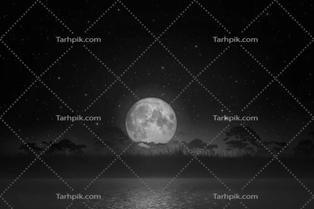 منظره شب آرام با رودخانه و سیلوئت چمن و درخت در زیر نورماه کامل از منبع اصلی ناسا