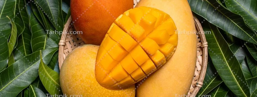 طراحی زیبا با میوه آبدار انبه در سبد چوبی بامبو بر روی پس زمینه برگ سبز