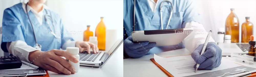 مفهوم پزشکی آینده: پزشک در حال استفاده از تبلت برای فناوری درمان