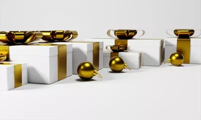 جعبه هدیه سفید با روبان طلایی بر روی پس زمینه سفید به صورت سه بعدی