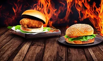 برگر مرغ تازه و خوشمزه با گوشت مرغ سرخ شده