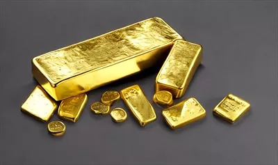 مجموعه ای از شمش های طلا و مفاهیم مالی مرتبط با سرمایه‌گذاری