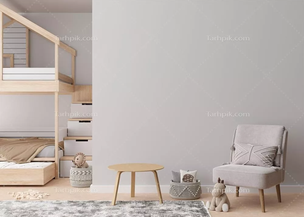 دیوار خاکستری خالی در اتاق کودک مدرن با طراحی اسکاندیناوی معاصر و فضای خالی برای هنر شما