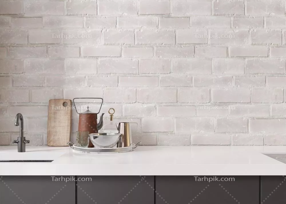 دیوار سفید خالی آجر در آشپزخانه - نمای نزدیک برای قرار دادن تصاویر و اشیاء کوچک