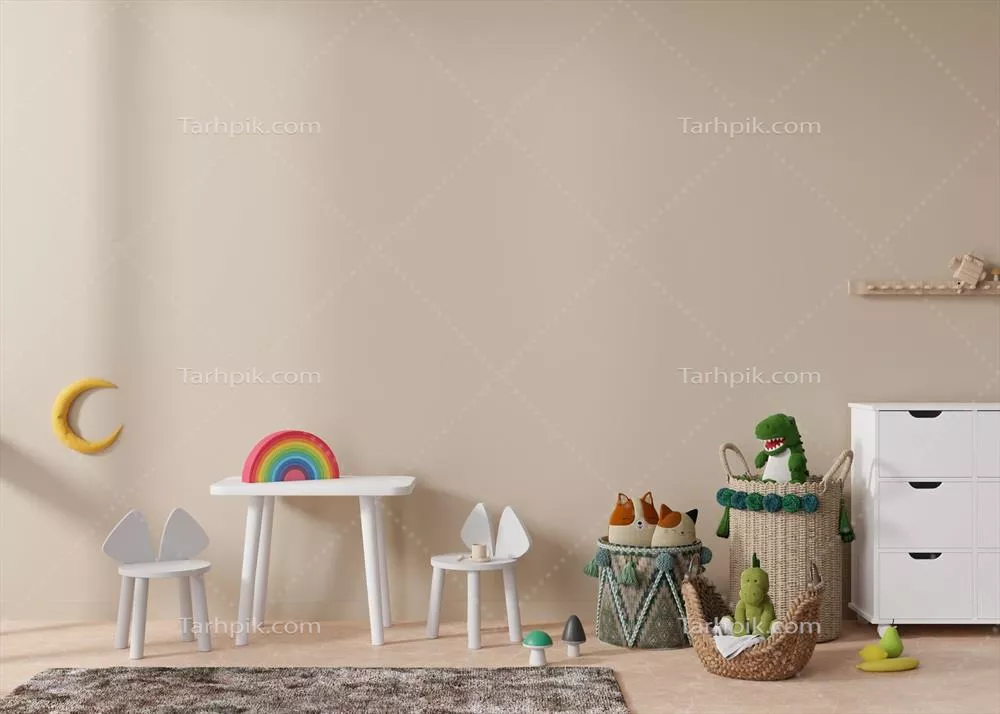 دیوار خالی قهوهای روشن در اتاق کودک مدرن با طراحی اسکاندیناوی - فضای مناسب برای تصویر یا پوستر