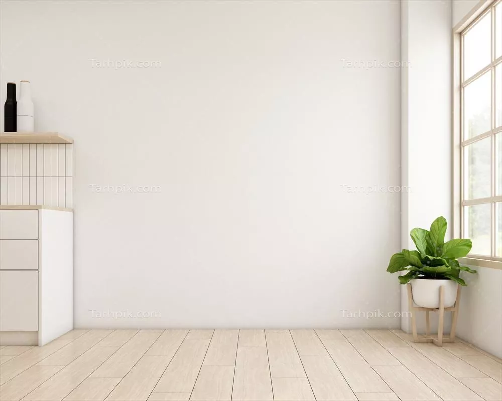 دکوراسیون سبک جاپندی در یک اتاق خالی با دیوارهای سفید و کف چوبی - رندر سه بعدی