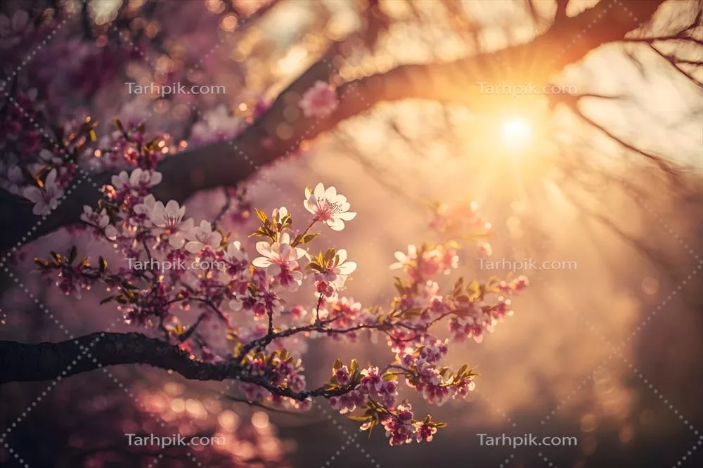 تصویری زیبا از شکوفههای بهاری و مناظر طبیعی با درختان گلدار و تابش نور خورشید