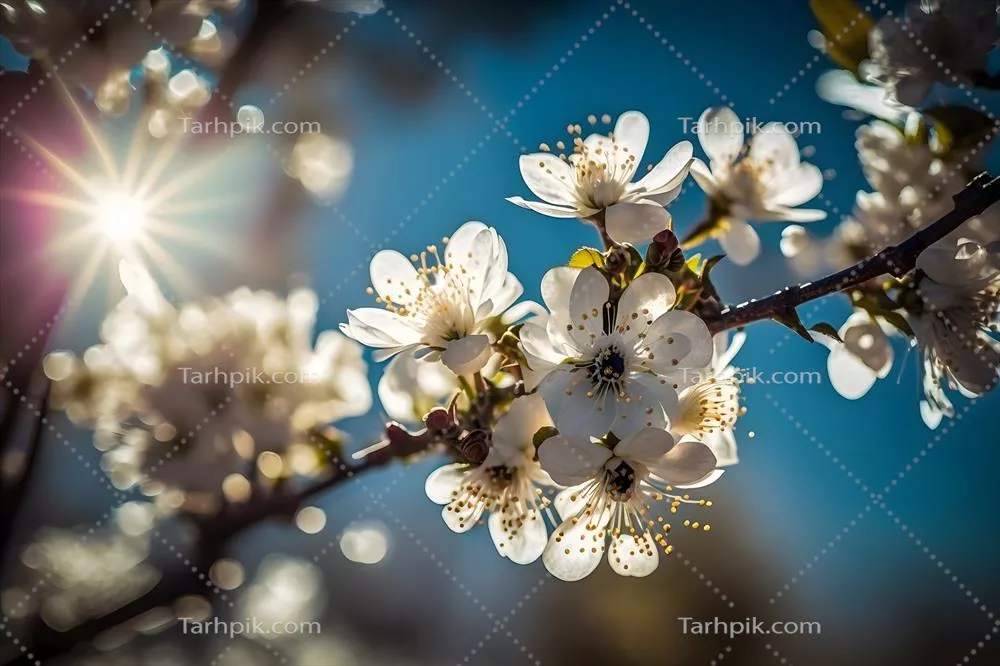 گل‌های سفید بهاری در نور خورشید و آسمان آبی
