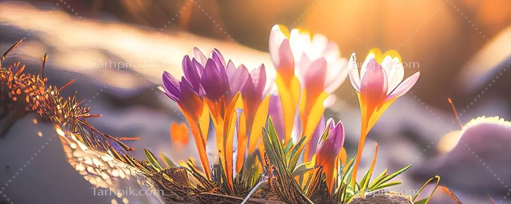 گل‌های بهاری اولیه: گل‌های زعفرانی در جنگل با پس‌زمینه برفی و فضای خالی برای متن