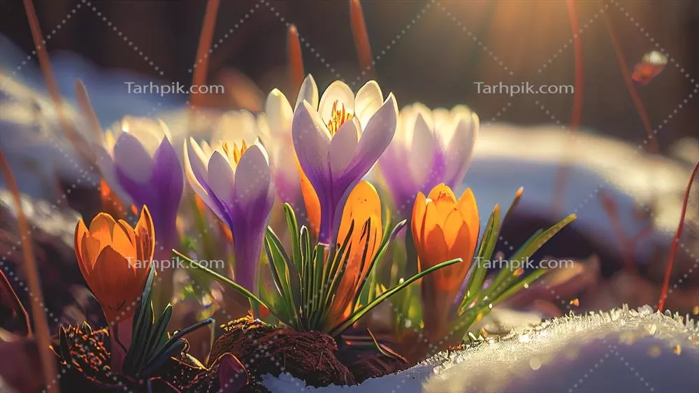 اولین گل های بهاری: زعفران ها در جنگل با پس زمینه برفی و فضای خالی برای متن