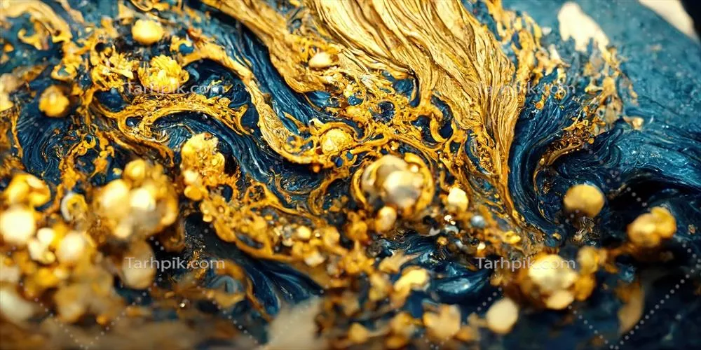 نقاشی ترکیبی با رنگ اکریلیک بر روی بشقاب مرمری با ریزه‌های طلا و گرد طلایی
