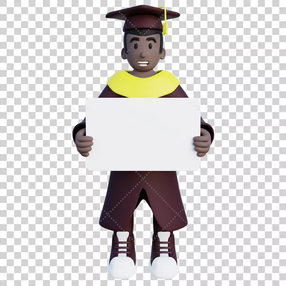 تصویر سه بعدی دانشجو فارغ‌التحصیل با بنر پیام در دست