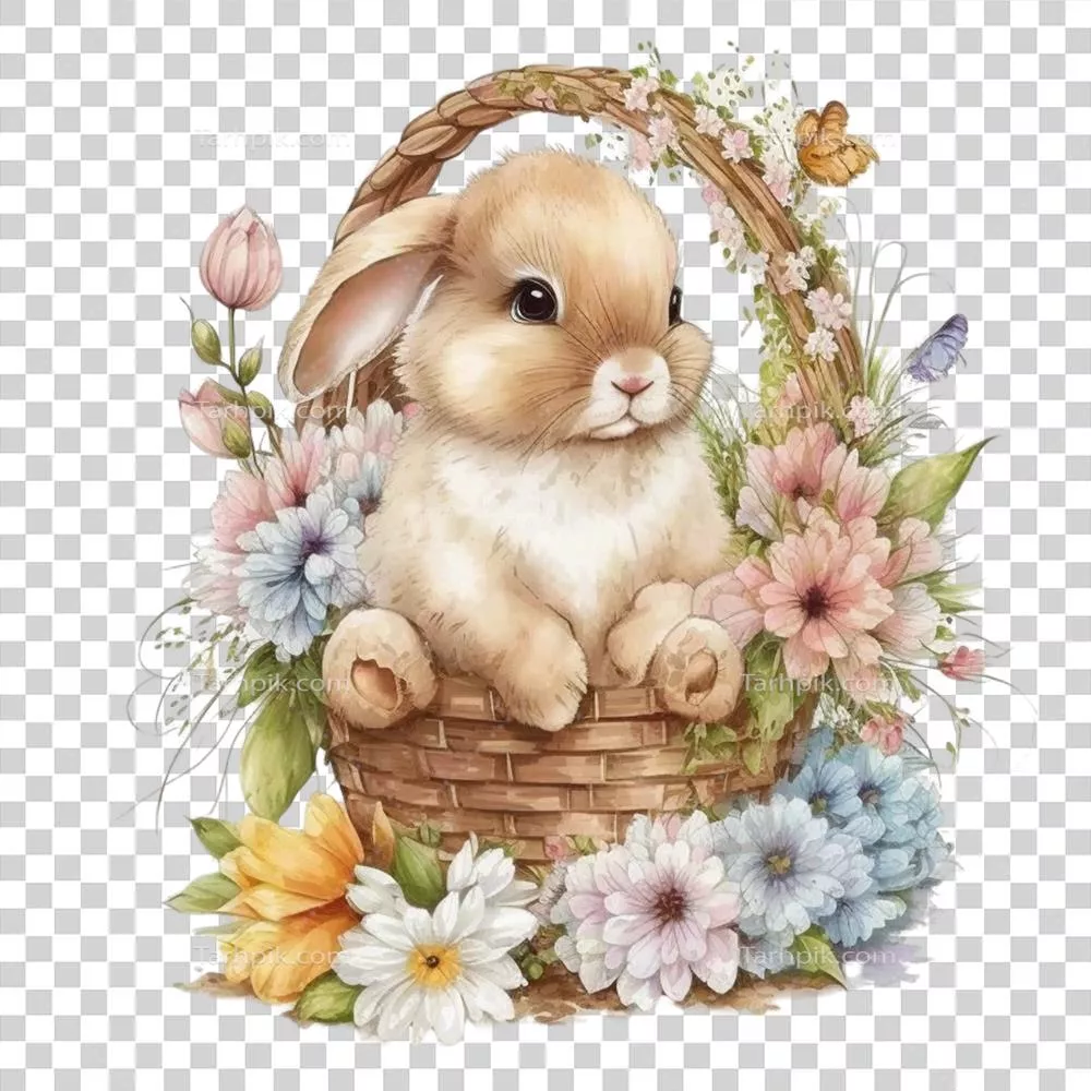 تصویر گرافیکی سبد عید پاک با خرگوش عید پاک به همراه تزئینات