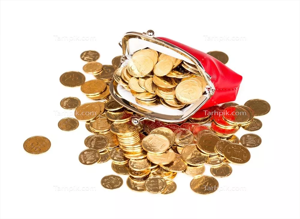کیف قرمز پر از سکههای طلا بر روی یک زمینه سفید