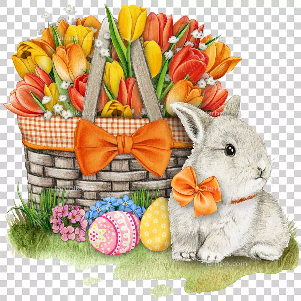 سبد گل آبرنگی دست‌کشیده با خرگوش و تخم‌مرغ‌های عید پاک