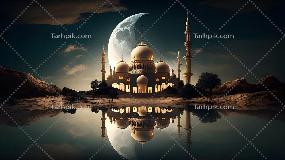 بهار، رمضان کریم و جشن عید: نمای تاریخی مسجد و ماه در شب تاریک