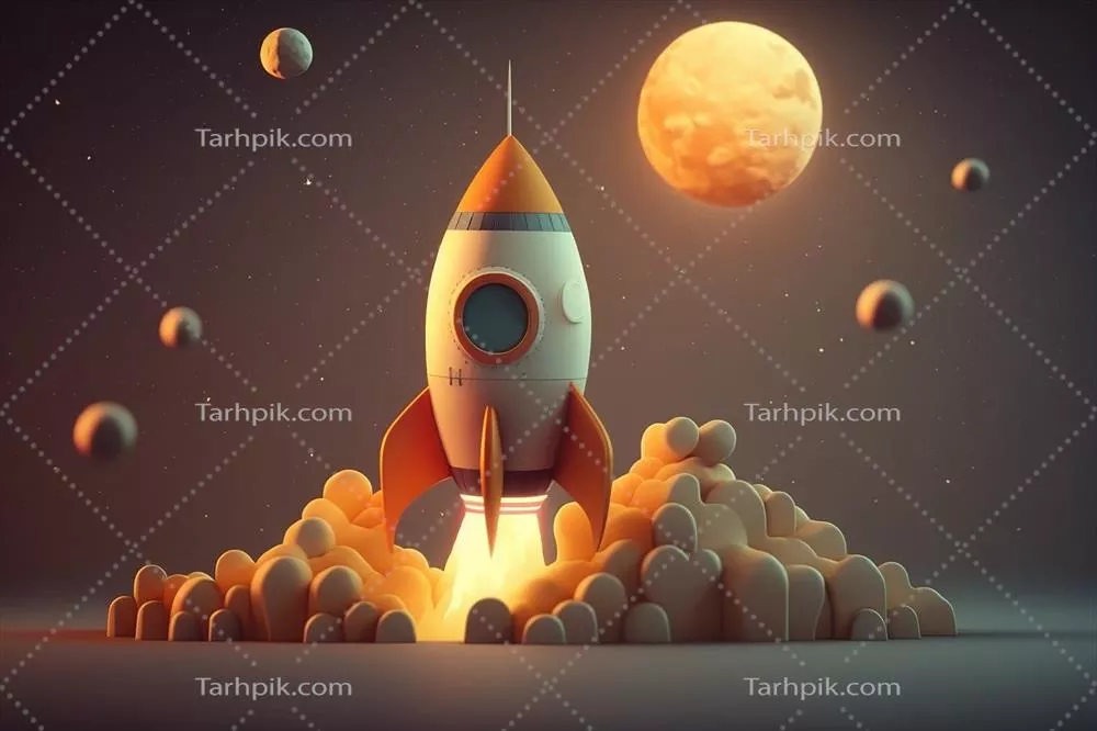 راکت در حال پرتاب با پس‌زمینه کیهانی و ماه: مفهوم راه‌اندازی کسب‌وکار و هوش مصنوعی تولیدی