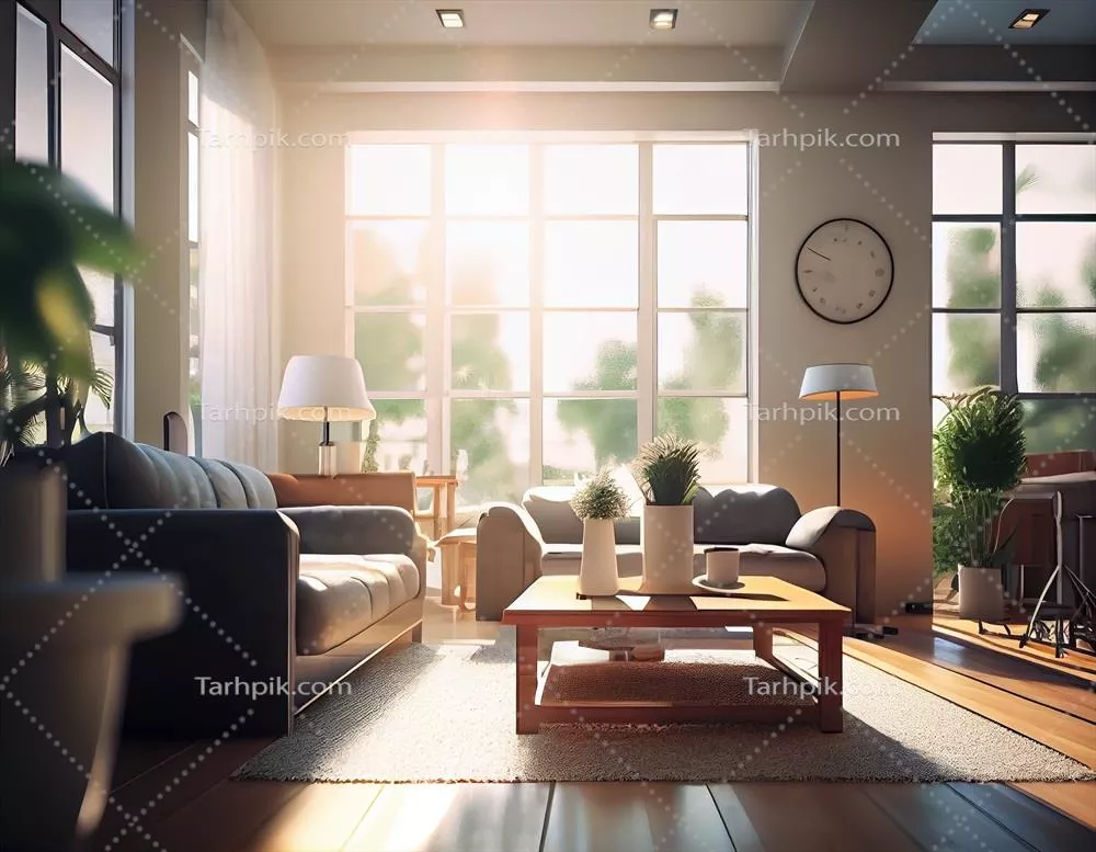 طراحی مدرن اتاق نشیمن با نور خورشید و هوش مصنوعی جنراتیو