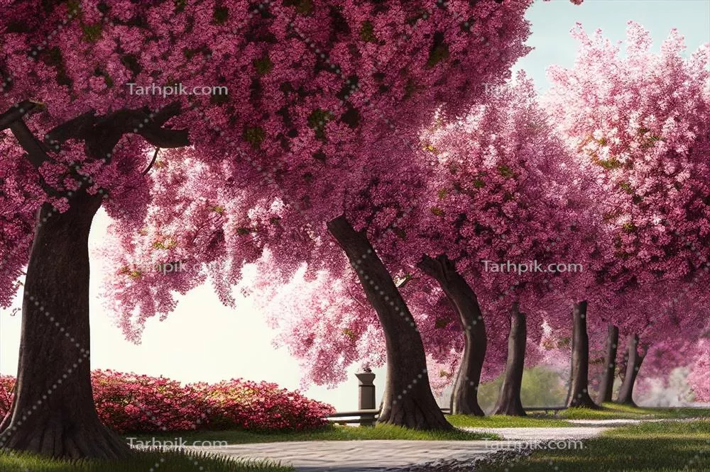 منظر بهاری زیبا با درختان شکوفه قرمز ساکورا - رندر سه بعدی هوش مصنوعی