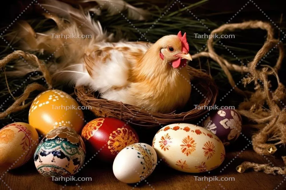 تصویری از مرغ و تخممرغ در سبدی روستایی که با فناوری هوش مصنوعی تولید شده است