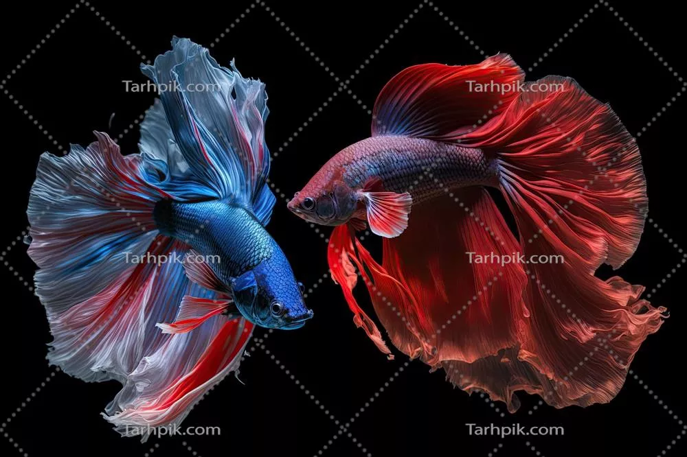 تصویر زیبای رنگارنگ ماهی بتا سیامی با رنگ‌های قرمز و آبی در پس‌زمینه کاملاً سیاه ساخته‌شده با هوش مصنوعی