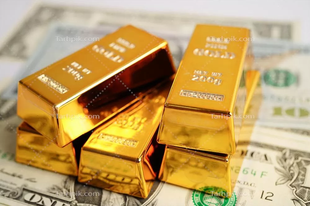 بارهای طلا بر روی اسکناس دلار: مفهوم پول، سرمایه‌گذاری و تجارت