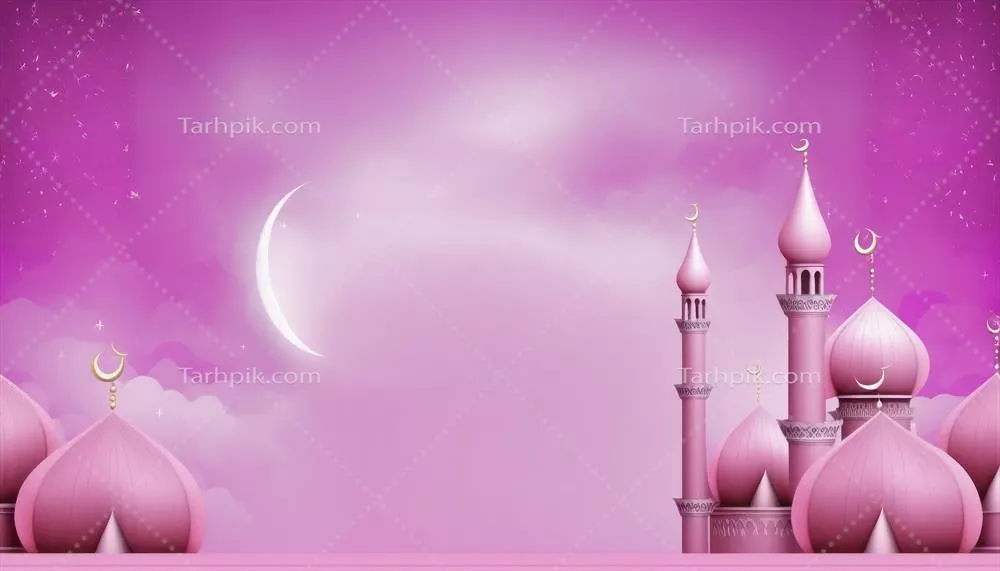 بنر تبریک رمضان با پسزمینه صورتی رنگارنگ و طراحی هوش مصنوعی