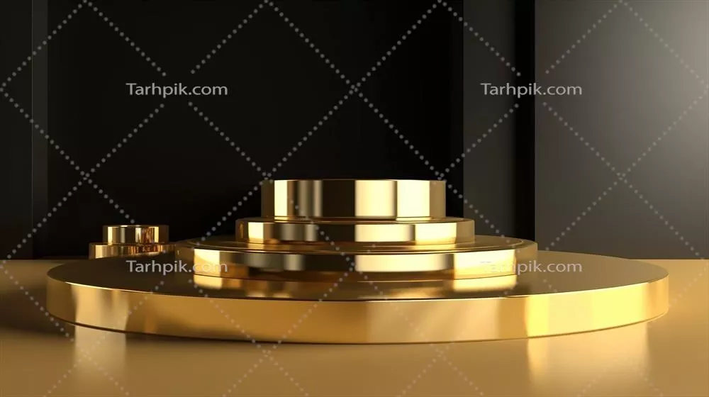 پسزمینه سیاه انتزاعی با سکو طلایی برای معرفی محصولات - رندر سهبعدی