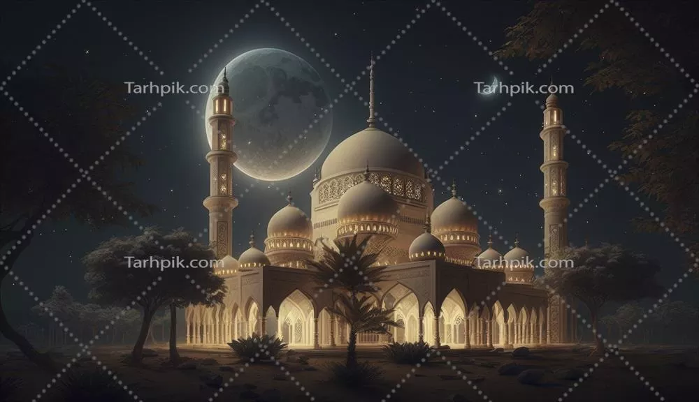 تصویر گرافیکی از فانوسها و پایههایشان در بیابان زیر آسمان شب با تم اسلامی و ماه هلال در رمضان کریم
