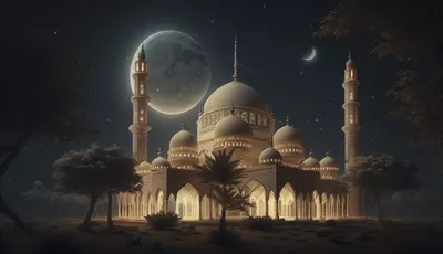 تصویر گرافیکی از فانوسها و پایههایشان در بیابان زیر آسمان شب با تم اسلامی و ماه هلال در رمضان کریم
