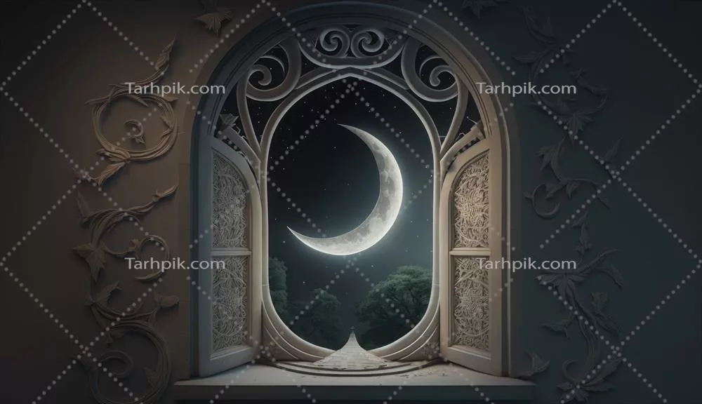 پنجرهای افسانهای با هلال ماه در آسمان شب برای جشن عید قربانی