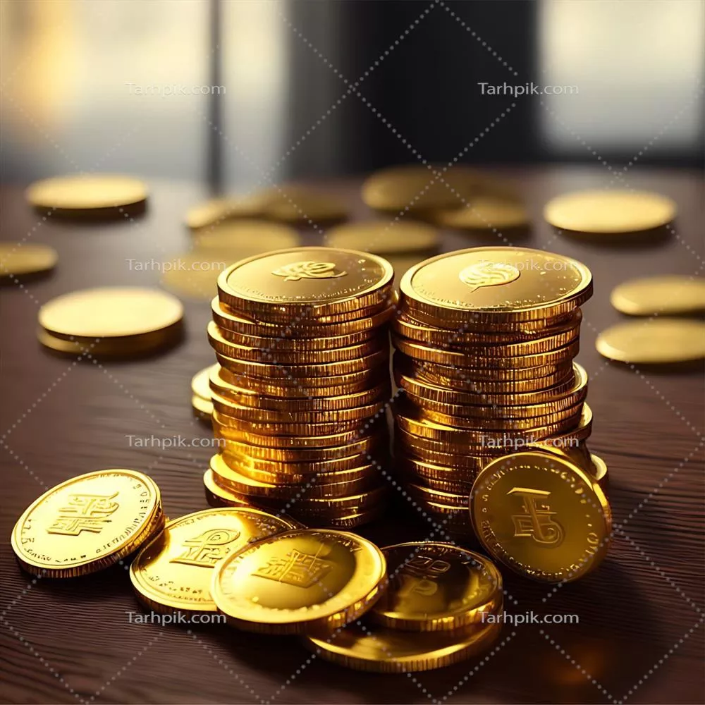 تصویر فوق واقعی از سکههای طلا به طور انباشته بر روی یک میز چوبی واقعی با ردیابی پرتو سه بعدی