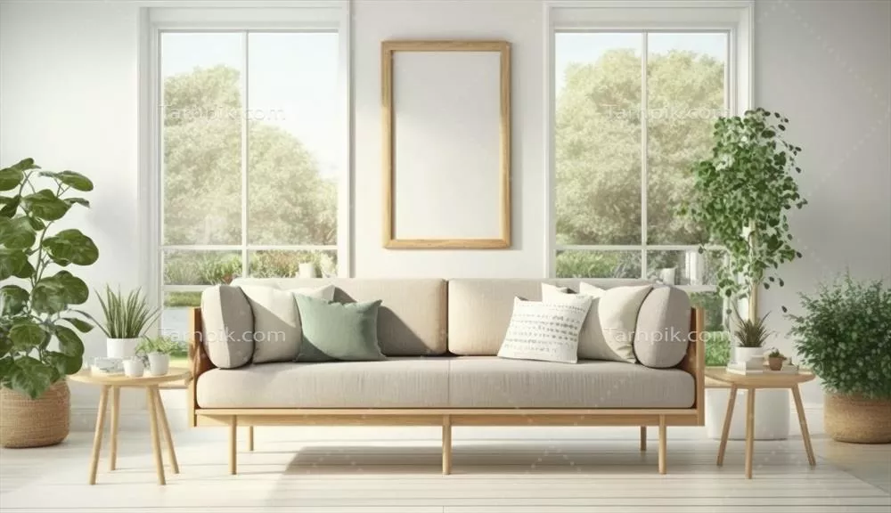 فریم پوستر Mockup بر روی دیوار اتاق نشیمن با طراحی لوکس و مدرن