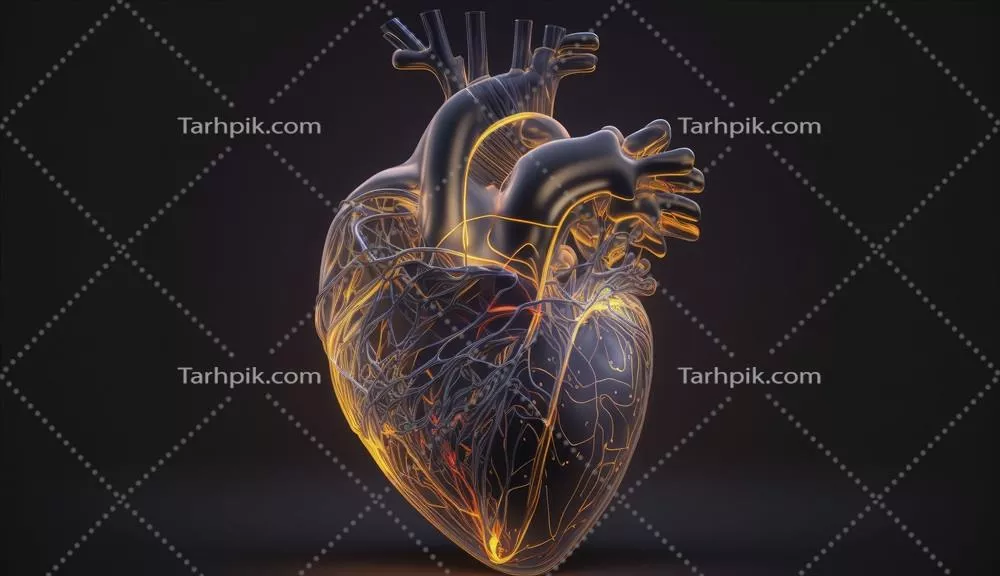 تصویری دیجیتال با خطوط درخشان و شکل سه بعدی قلب انسان در پس‌زمینه تاریک