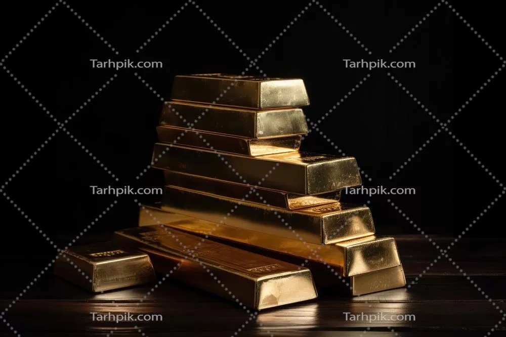 یک توده شمش طلا بر روی سطح میز تاریک با استفاده از فناوری هوش مصنوعی تولید شده